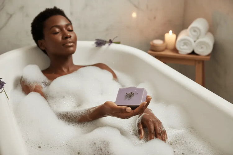 French Lavender - a woman is lounging back in a bathtub full of bubbles.