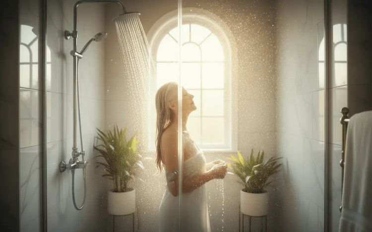 Lavender Dreams artisan soap is with a beautiful older light skinned woman in a beautiful shower