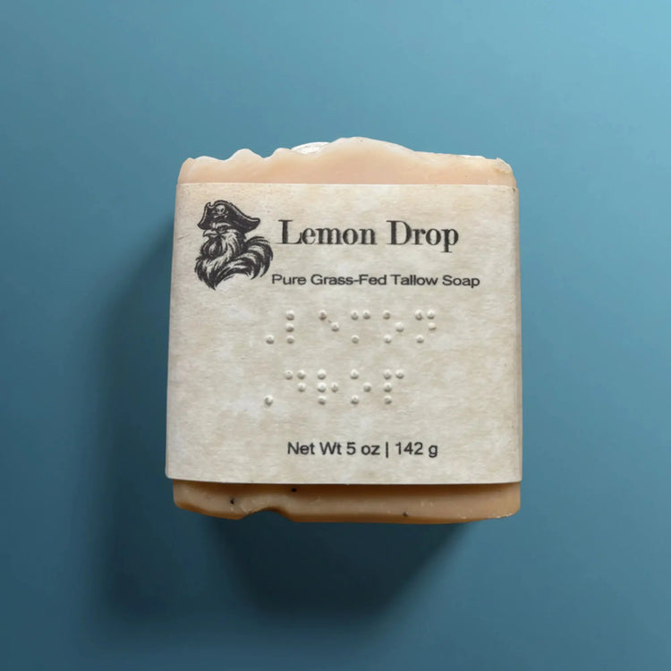 Lemon Drop | Grass Fed Tallow Soap Bar Blind Pirate Soap Co. — Full label and braille on the front of the label.