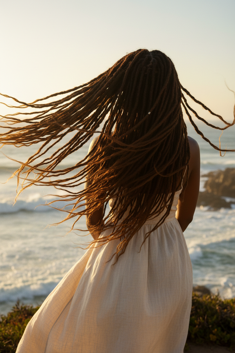 Locs Female standing on the cliff, healthy hair flowing in the wind.