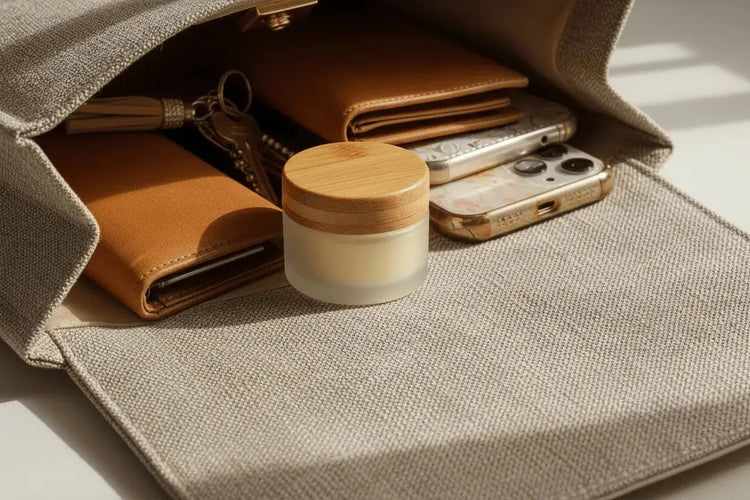 Blind Pirate Soap lip balm in a classy purse with phone, gps, wallet, keys and a vial of lip balm, plain.