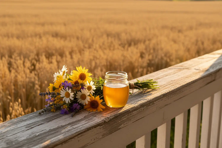 Milk & Honey — Golden Hour Porch, with golden fields of oats, with fresh flowers and honey.