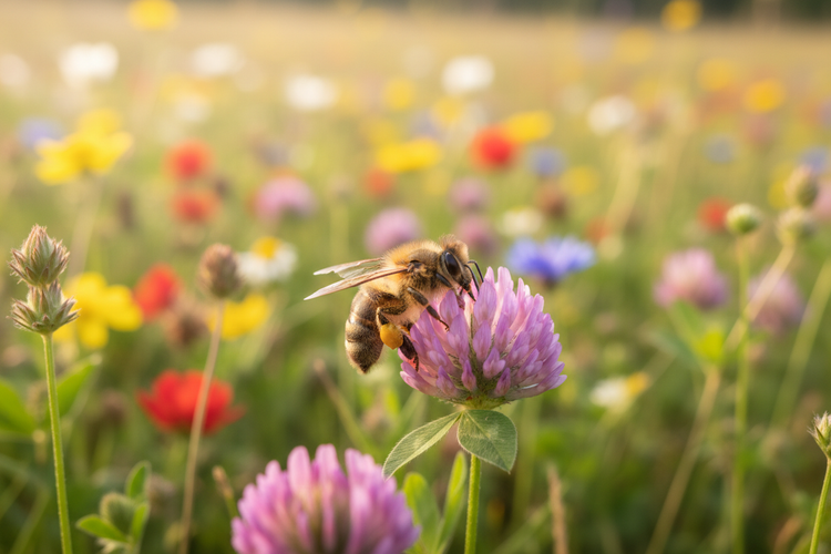 Milk & Honey — Honey Bee & Bloom, in field of flowers.