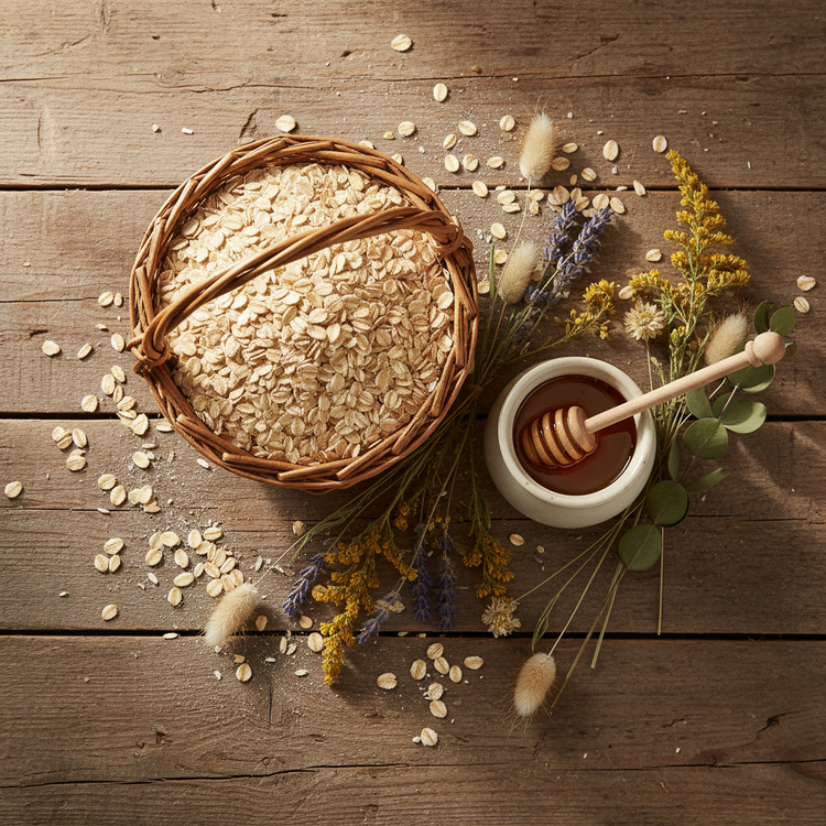 Milk & Honey — basket of raw oats and a ramekin of honey sit on top of a rustic farm house table.
