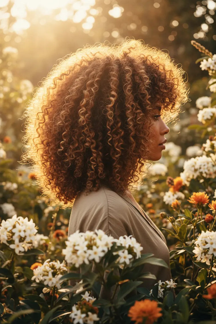 Natural Afro Female has shiny locks of golden brown hair shining in the sun.