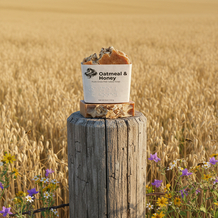 Oatmeal & Honey tallow soap bar front panel atop a weathered fence post, golden oat fields stretching warm and sun-drenched behind.
