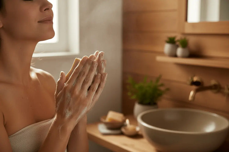Oatmeal & Honey - Cozy Bath Soothing Person using oatmeal and honey soap in cozy bathroom with warm comforting atmosphere and natural wood