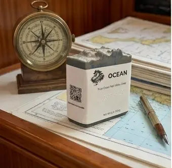 Ocean | Grass-Fed Tallow Soap Bar on the navigation table with a compass and charts. Blind Pirate Soap Co.