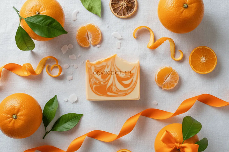 Orange Crush soap surrounded by fresh oranges, orange peel curls, and orange ribbon