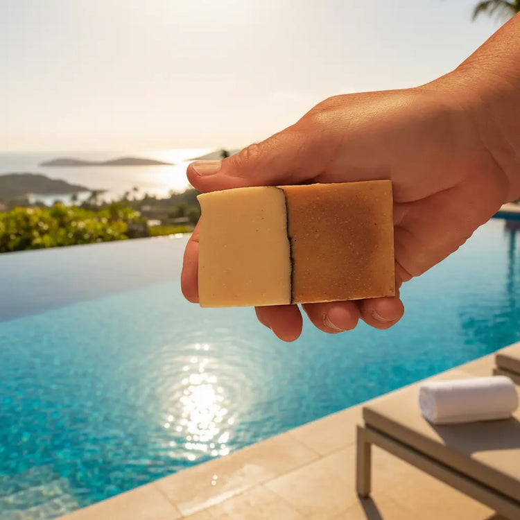 Orange Crush Infinity Pool Soap Bar over looking a tropical paradise.