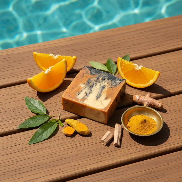 Unwrapped Orange Crush tallow soap bar and fresh sliced oranges on a sun-warmed teak pool deck, turquoise infinity pool glistening.
