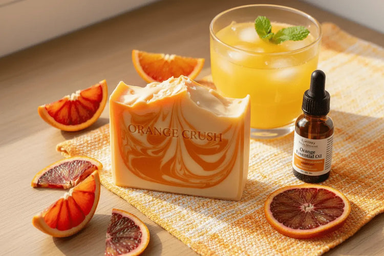 Orange Crush soap on light wood with blood orange slices