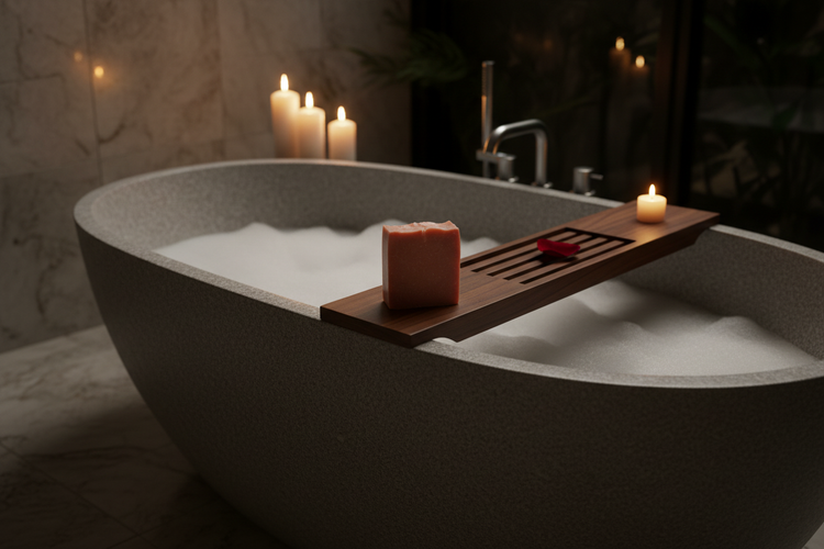 Oval Stone Bath — Unwrapped Velvet Rose bar rests on a teak tub tray, warm candlelight flickering in an inviting bathroom