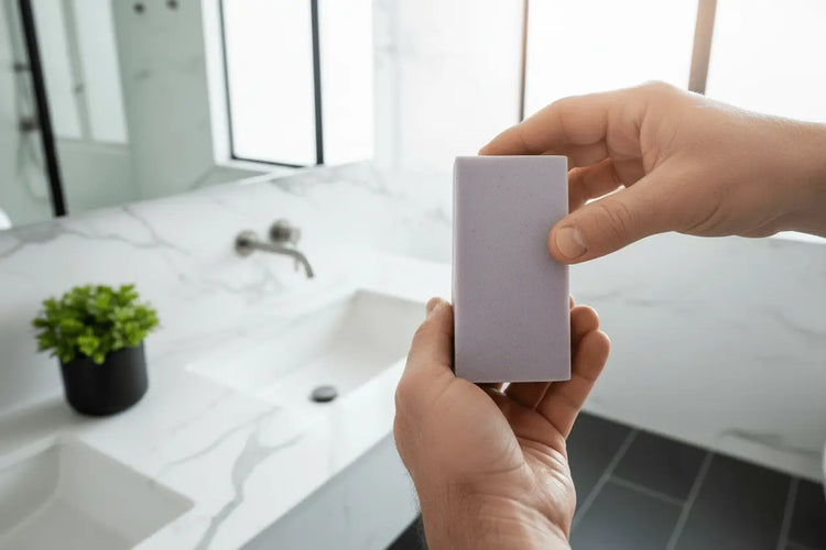 Petals & Loam - Morning Energy Hands holding patchouli soap with water droplets in modern clean bathroom with masculine design