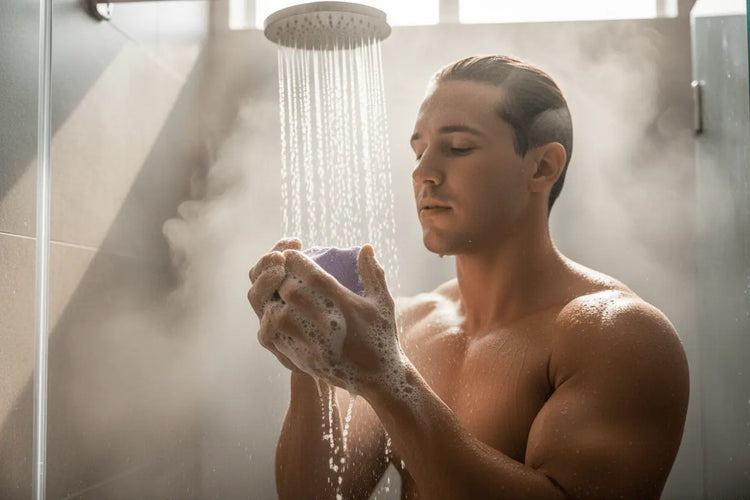 Patchouli - Post Workout Person using patchouli soap after workout in energizing shower with steam and athletic atmosphere