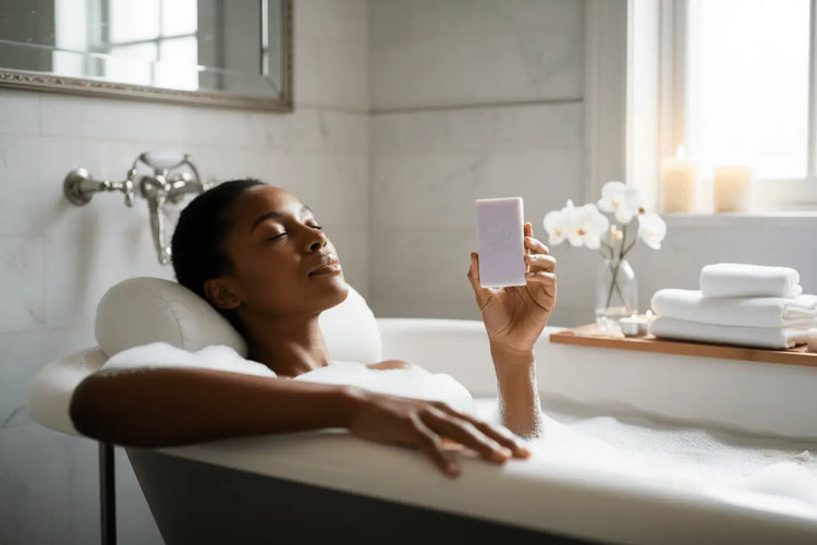 Petals & Loam - a woman is lounging in a bubble bath holding a bar of soap with a sunny window in the background.