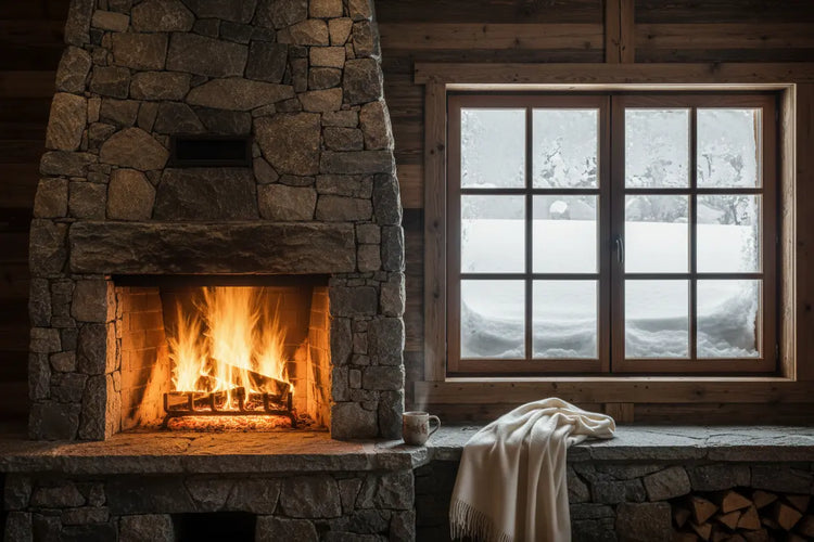 Petals & Loam | Luxury Alpine Fireplace glows beside a cozy window seat, thick snow banked deep outside.