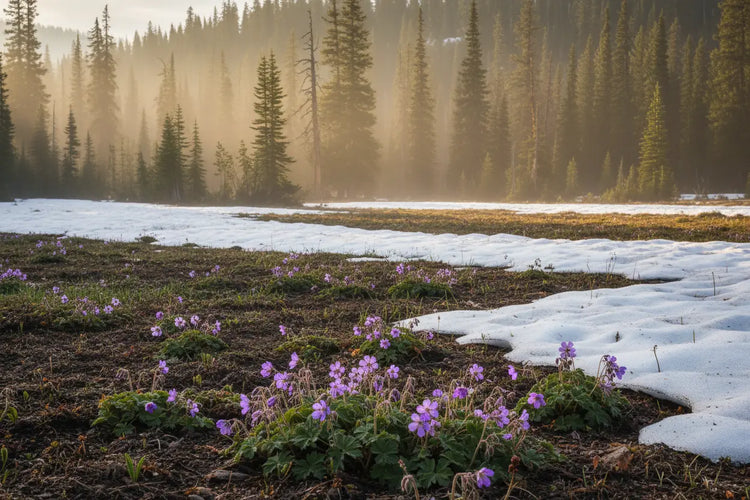 Petals & Loam | Spring Mountain Meadow wildflowers push through melting snow, reaching toward a misty mountain sunrise, full of hope.