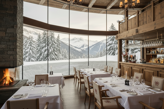 Petals & Loam — Verbier Chalet Lunch snow banked high beyond linen-draped tables, majestic Alps framed in plate glass.