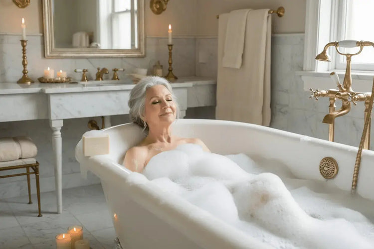 Syrena - Pure Traditional Plain tallow soap being used by a beautiful elderly woman soaking in a bubble bath