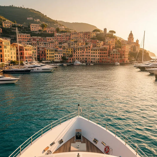 Driftwood & Stone— Portofino Arrival by yacht. warm sun warms the buildings and yachts docked around the harbour