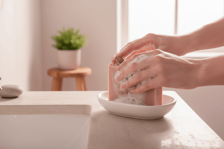 Rose Clay - Pink Bubbles Hands lathering rose clay soap with pink bubbles in clean minimalist bathroom