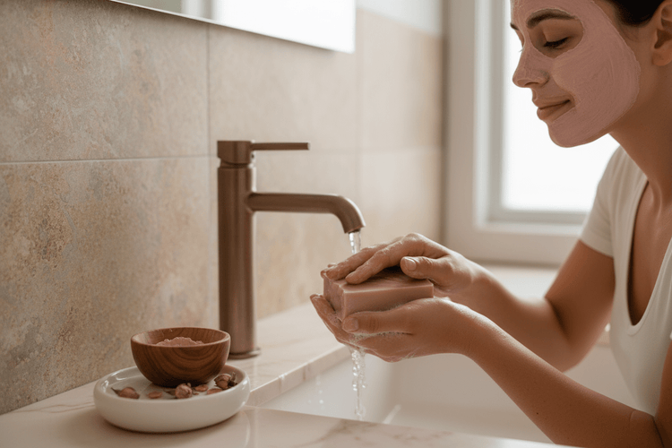 Rose Clay - Spa Bathroom Person using rose clay soap in spa bathroom with soft pink tones and natural clay aesthetic