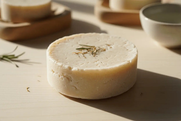 round artisan handmade shampoo bar, tallow soap with a sprig of rosemary on the top, sitting in a sunlit patch on a table.
