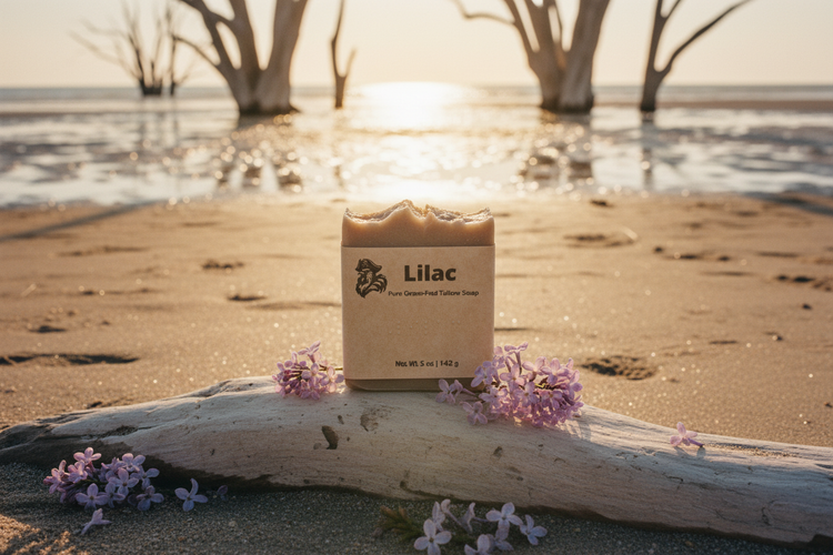 Blind Pirate Lilac soap bar on driftwood at Botany Bay beach, bleached skeleton trees in tidal flats, golden hour, lilac blooms scattered