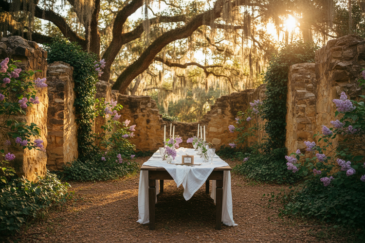 Ruins & Remembrance — The Table Blind Pirate Lilac soap | Linen-set table within Lowcountry tabby ruins, crystal, silver, lilac blooms, live oak canopy, golden hour