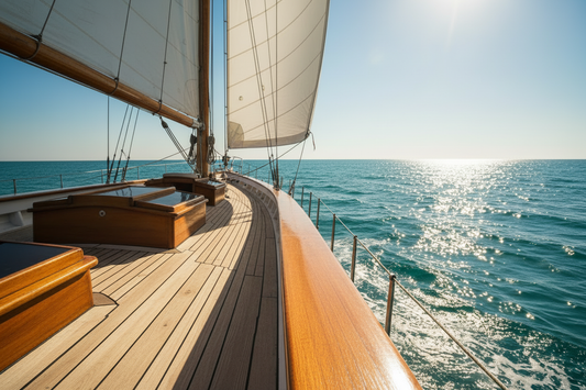 Classic wooden sailboat teak deck stretching toward the bow, white sails full and billowing, sparkling Mediterranean sea glittering in warm sunshine.