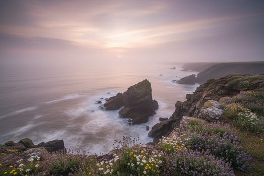 Sea Cliffs Dawn Rugged New England coastline at moody dawn, sun piercing through misty mauve light over jagged rocks.
