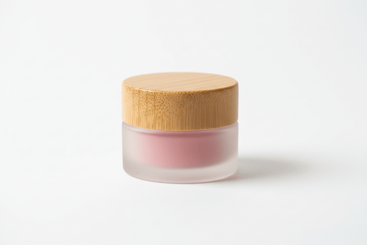 show me a 5 mil frosted jar with a bamboo lid and rose colored lip balm inside