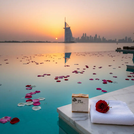 Silk & Salt β Dubai Infinity Pool Silk & Salt bar on the edge, golden light glowing warmly, Dubai's glittering skyline rising beyond.