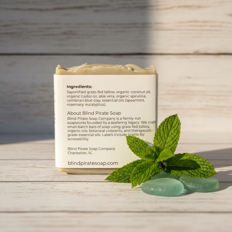 Back panel of Spearmint Reef tallow soap bar resting on a weathered board beside a fresh sprig of spearmint in warm sunlight.