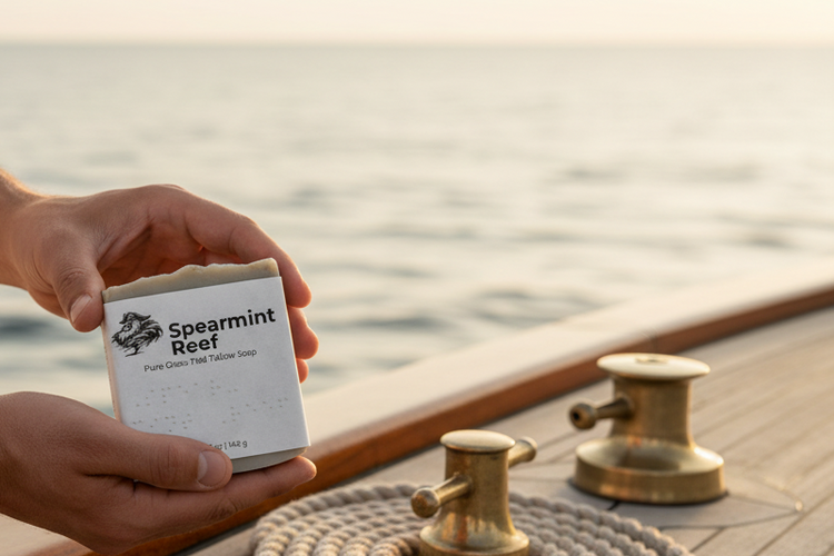 Hands cradling Spearmint Reef tallow soap bar at golden hour, a coiled line resting on the coach house roof, ocean glistening behind.