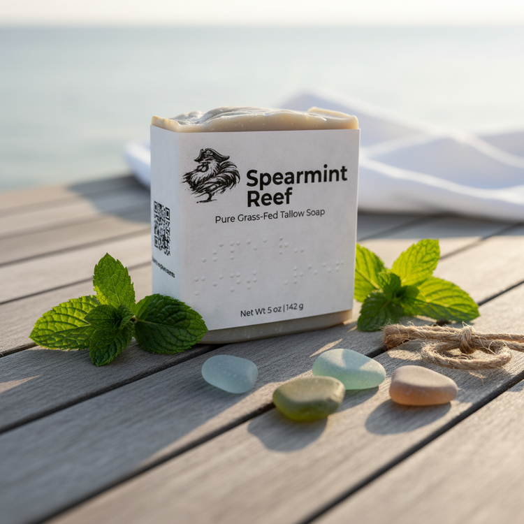 Spearmint Reef QR Code - Front panel of Spearmint Reef tallow soap bar on a plush white towel atop a luxury yacht deck, glistening open ocean shimmering beyond.