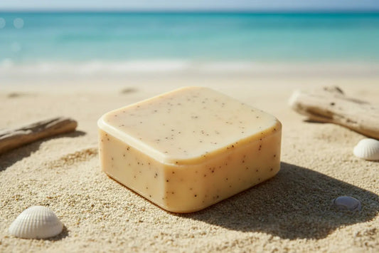 Square Tallow Shampoo Bar — Golden Ivory with Black Flecks, Beach Scene