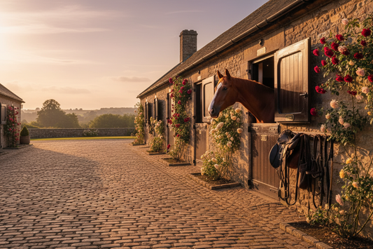 Stable Yard with warm cobblestones bathed in golden summer light, a chestnut horse gazing over it's well cared for stable door. Flowers grown up the walls.
