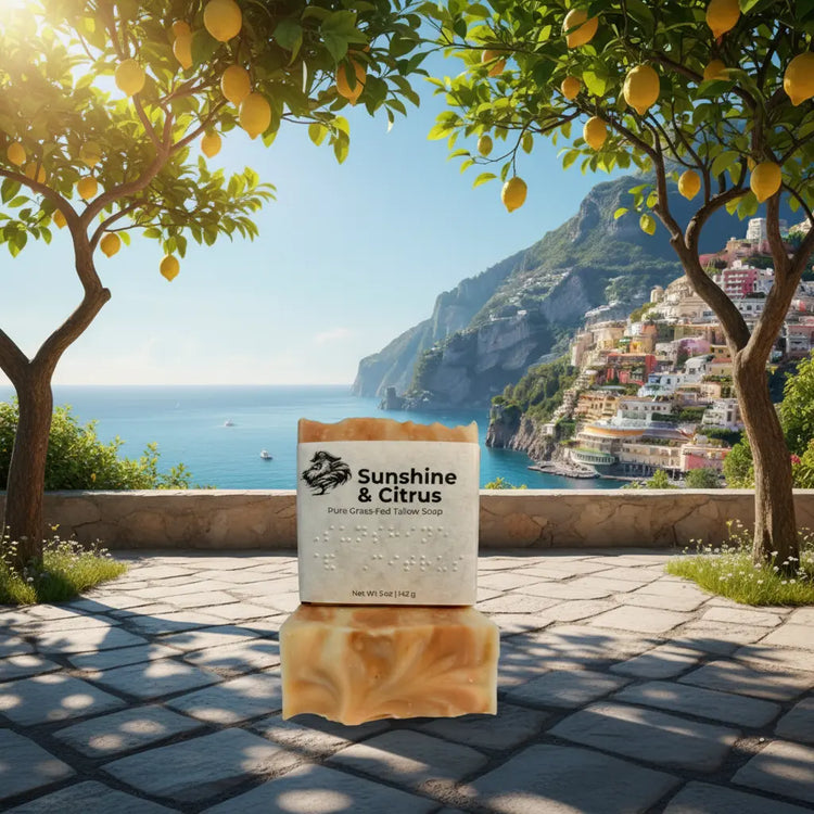 Amalfi Terrace | Sunshine & Citrus tallow soap bars in the dappled shade of orange trees on a sun-warmed Mediterranean terrazzo, sparkling sea glowing beyond.