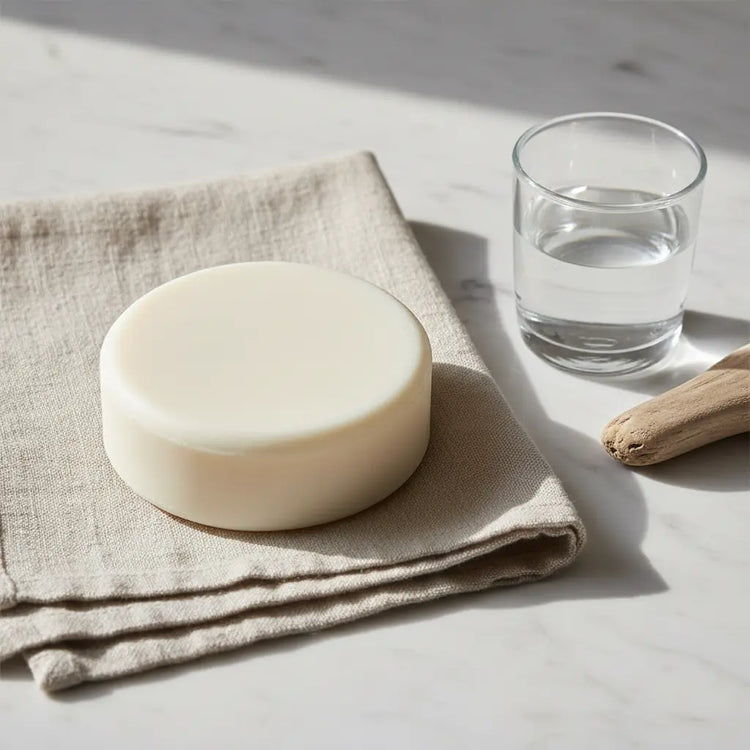 Still Water round ivory tallow bar on white marble with linen cloth and glass vessel — Blind Pirate Soap Co.