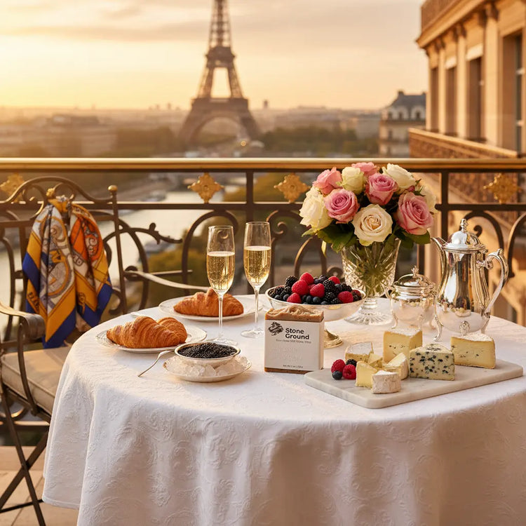 Early morning over Paris from a luxury hotel balcony, the Eiffel Tower glowing warmly — the refined world of Blind Pirate Soap Company."