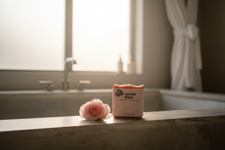 Stone Tub Edge — Morning Light sun falls on a white robe and tub edge, Velvet Rose soap beside a single pink stemmed rose.