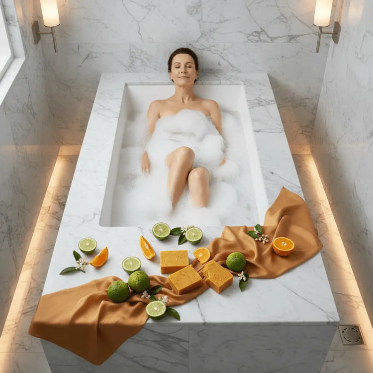 Sunshine & Citrus -pretty woman lounging in a bubble bath