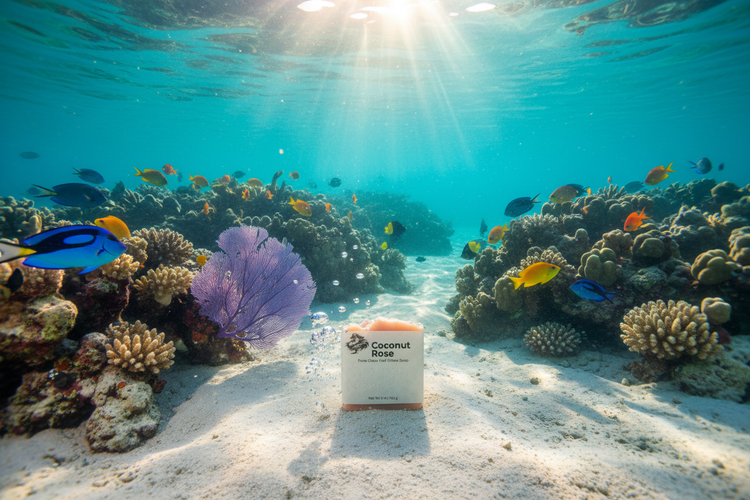 Tropical Fish swim around Coconut Rose tallow soap bar nestled on the sandy ocean floor between vivid coral reef, warm sunlight rippling through turquoise depths.