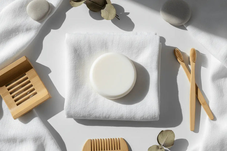 Unscented Shampoo Bar - Minimalist White Unscented natural shampoo bar with white cotton fabric and bamboo accessories on clean background