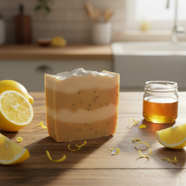 Lemon Drop tallow soap bar layered like lemon cake, beside fresh sliced lemon and a jar of vanilla.
