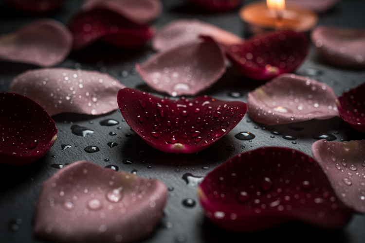 Velvet Rose | Velvety rose petals on dark wet slate, candlelight