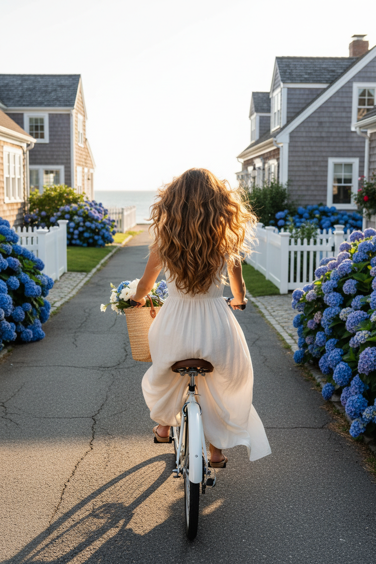 Village Bike with girl who has long, healthy hair flowing behind her down towards the beach.