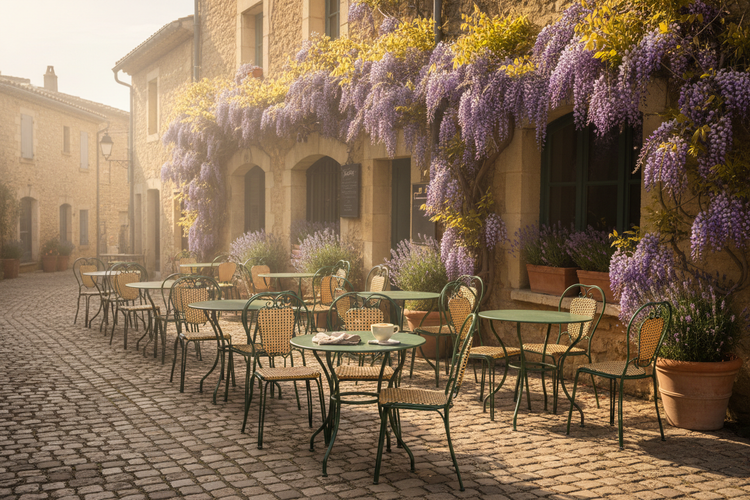 Village Café | A Provence village street café basks in warm morning sunshine, chairs and tables spilling onto the cobblestones.